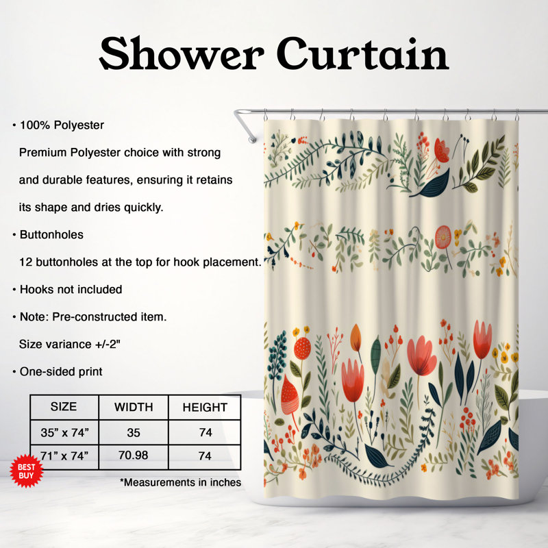 Subdued Flower Patterns - Premium Shower Curtain, 74"H x 71"W