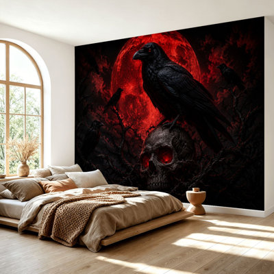 Wall Mural Peel and Stick Wallpaper Halloween Gothic Raven Perched Skull Red Blood Moon Dark Branches Self-Adhesive Removable Contact Paper Wall Decor for Living Room Bedroom 69"H x 96"W