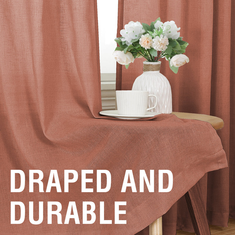 Linen Curtains for Living Room 2 Panels Back Tab Loop Pocket Textured Light Filtering Semi Sheer Rustic Farmhouse Boho Curtain for Bedroom , Terracotta