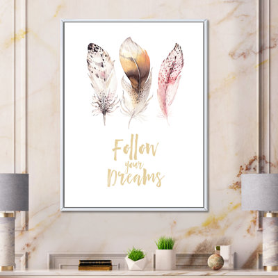 Plumes de bohème multicolores «Follow Your Dreams» - Art textuel sur toile