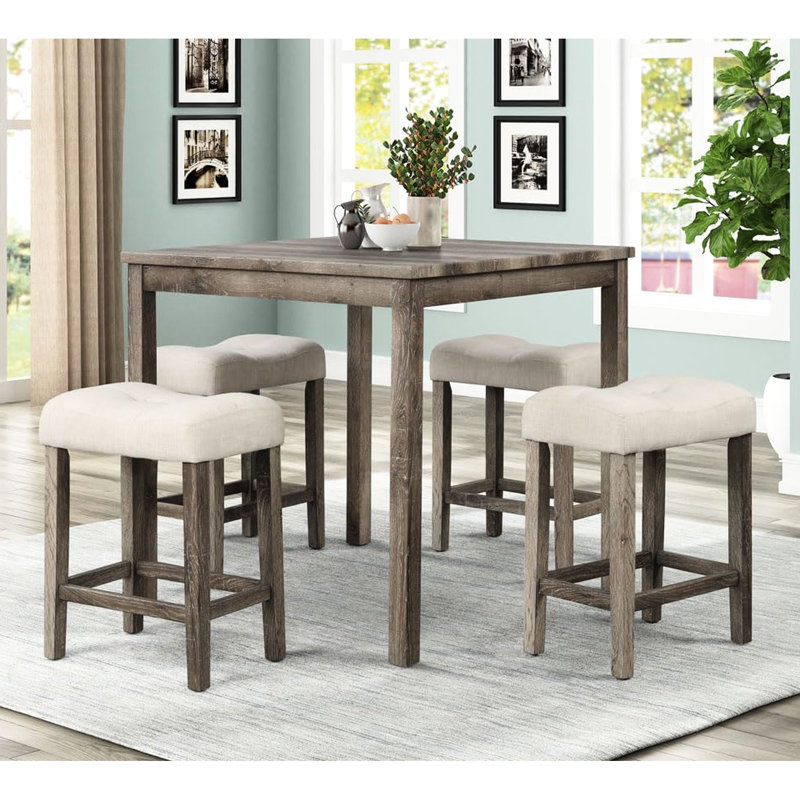 Table de salle à manger 5 pièces pour comptoir, table carrée en chêne 36 pouces avec 4 tabourets en mélange de lin, style Mid-Century moderne, 4 places, finition bois grain foncé, bois franc d'ingénierie transitionnel de 36 pouces de hauteur, assemblage facile