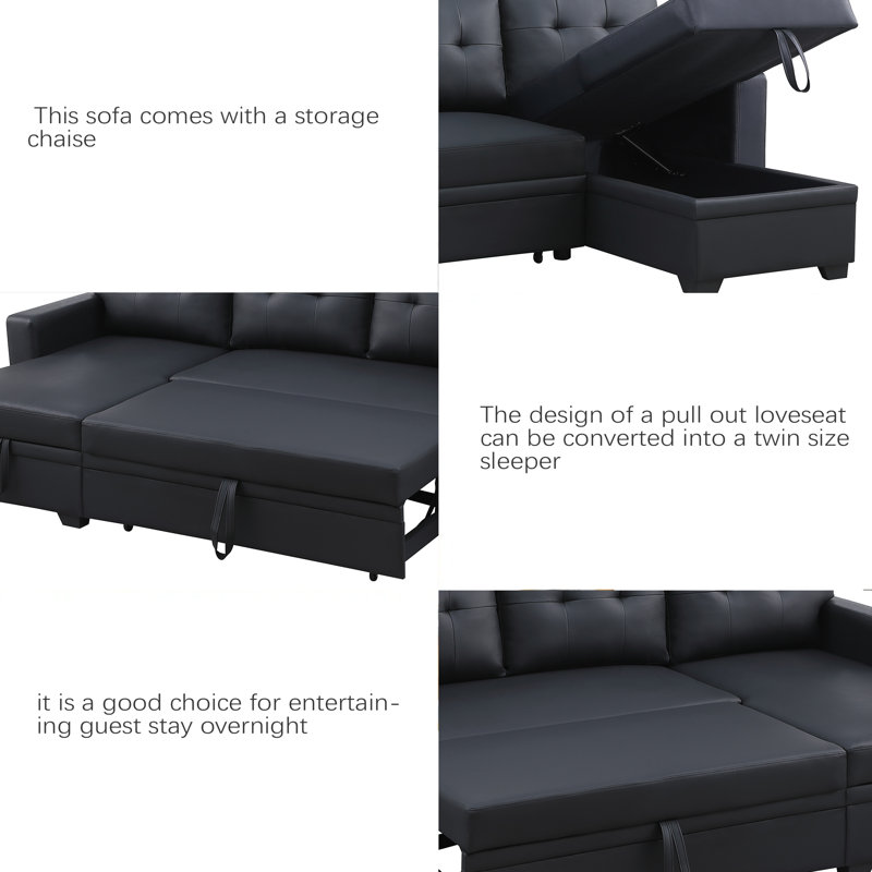 Upholstered Pull Out Sectional Sofa With Chaise, Black Faux Leather