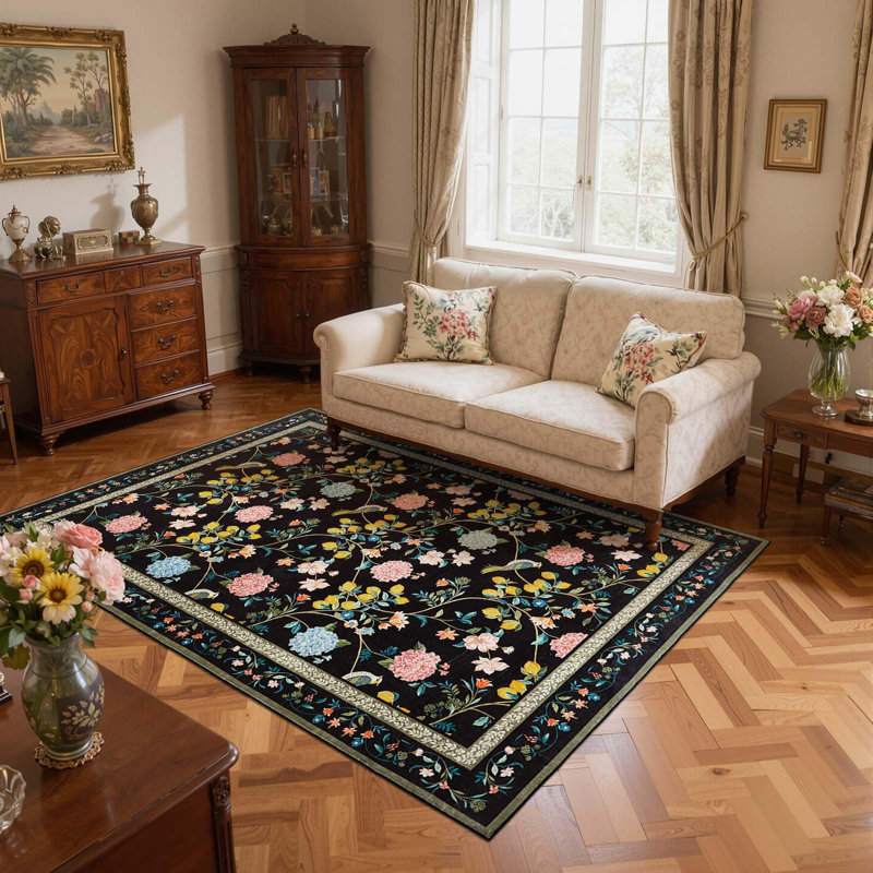 Botanical Floral Washable Non-Slip Area Rug, 5'x 7', Black
