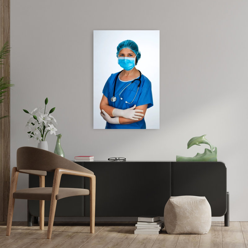 Hôpital, infirmière avec masque et stéthoscope, portrait moderne, art mural, H 36 po x l 24 po