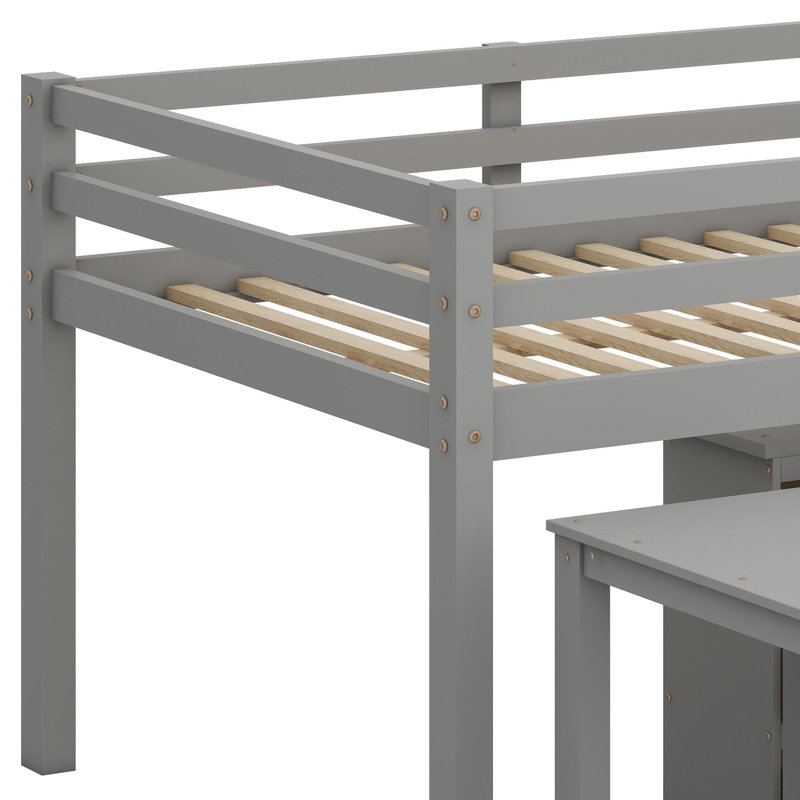 Lit mezzanine bas avec tiroirs, tablettes et bureau portatif à roulettes, Gris