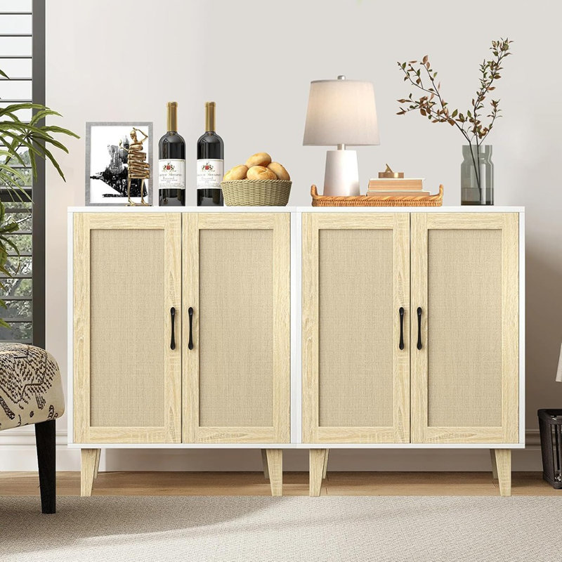 Buffet Sideboard Cabinet – Kitchen Storage With Rattan-Decorated Doors, Accent Cupboard, White