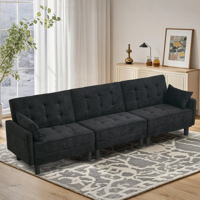 Chenille Upholstered Tufted Convertible Sofa 104" Wide Futon Couch With Adjustable Backrest For Living Room