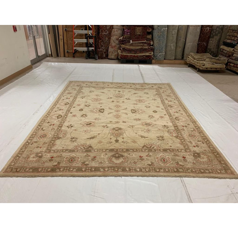 Tapis ivoire / beige en laine noué à la main de conception unique 8 pi x 9 pi 10 po