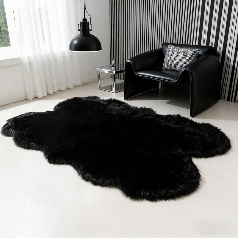 Soft Fluffy Black Faux Sheepskin Area Rug, Novelty 4' x 6'