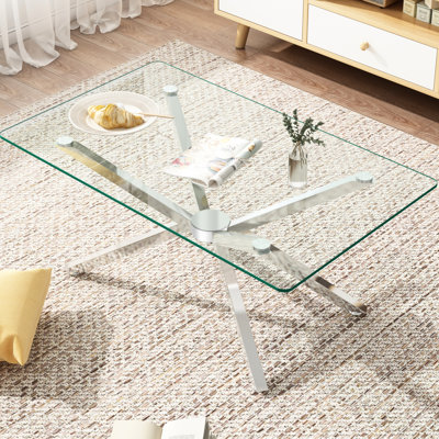 40.21" Rectangular, Clear Tempered Glass, Coffee Table, Silver Metal Legs, Framework, Guest Room Seating Areas Adjustable High Capacity, Various Items, Modern Look
