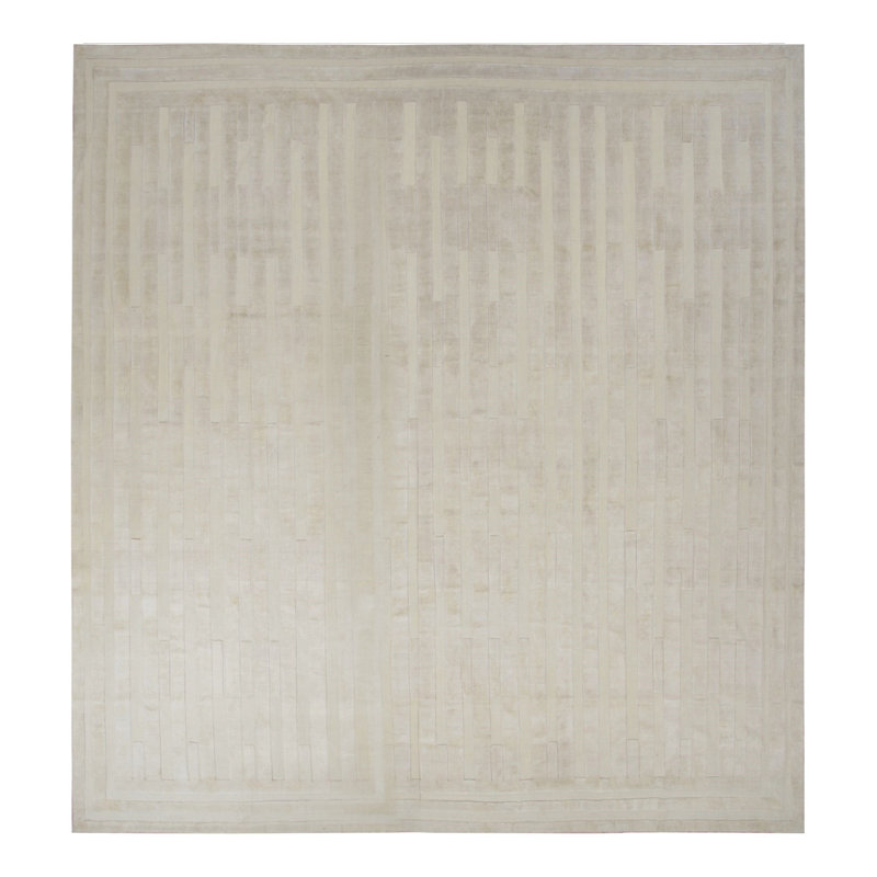Modern Textural Hand Knotted Silk Striped Area Rug, Runner 12' x 15'