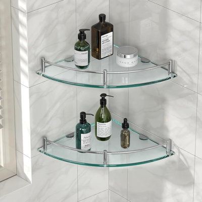 Ensemble de 2 tablettes de coin en verre trempé argenté, tablettes de salle de bain murales percées avec barrière de sécurité