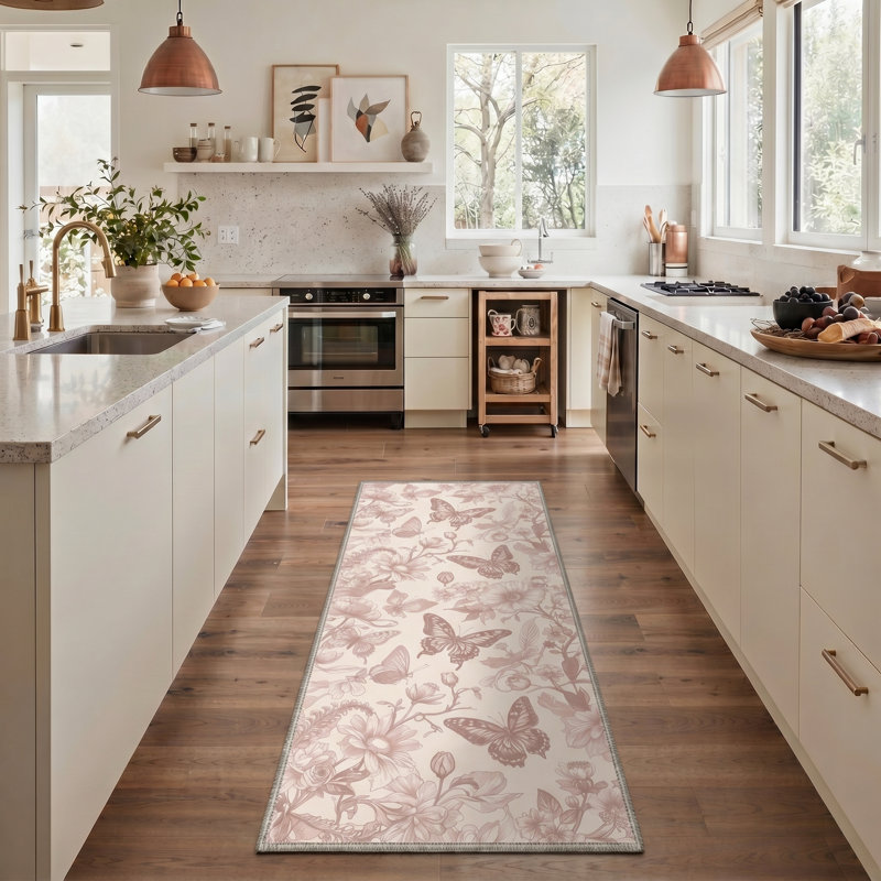Abrahamson Fjordia Floral Machine Washable Beige / Pink Indoor Area Rug with Non-Slip Backing, Runner 2' x 6'