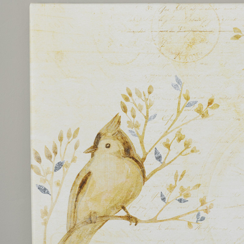 Adeliz Perched Bird on French Script Print on Canvas, 37" H x 37" W x 0.75" D