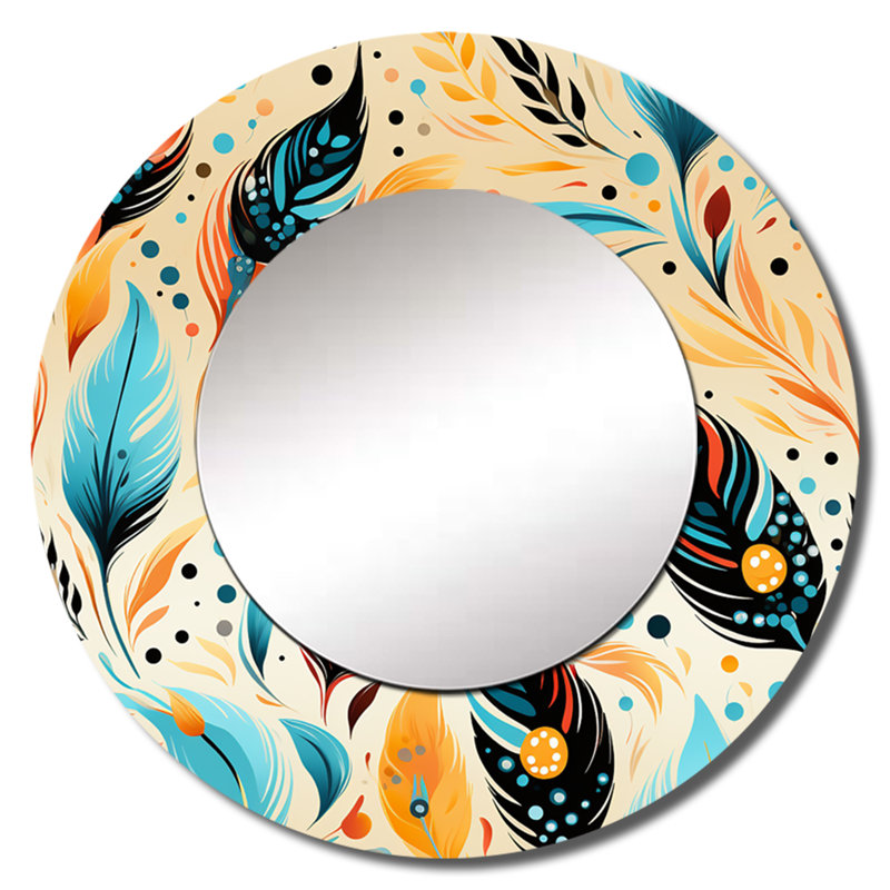 Romyna jaune et bleu éclectique plume bohème - miroir décoratif boho, grand miroir mural boho, impression d'art en métal