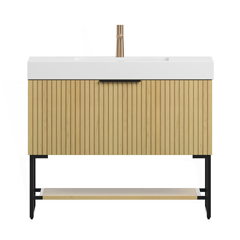 Armoire de rangement autoportante rayée avec tiroir et tablette ouverte pour salle de bain