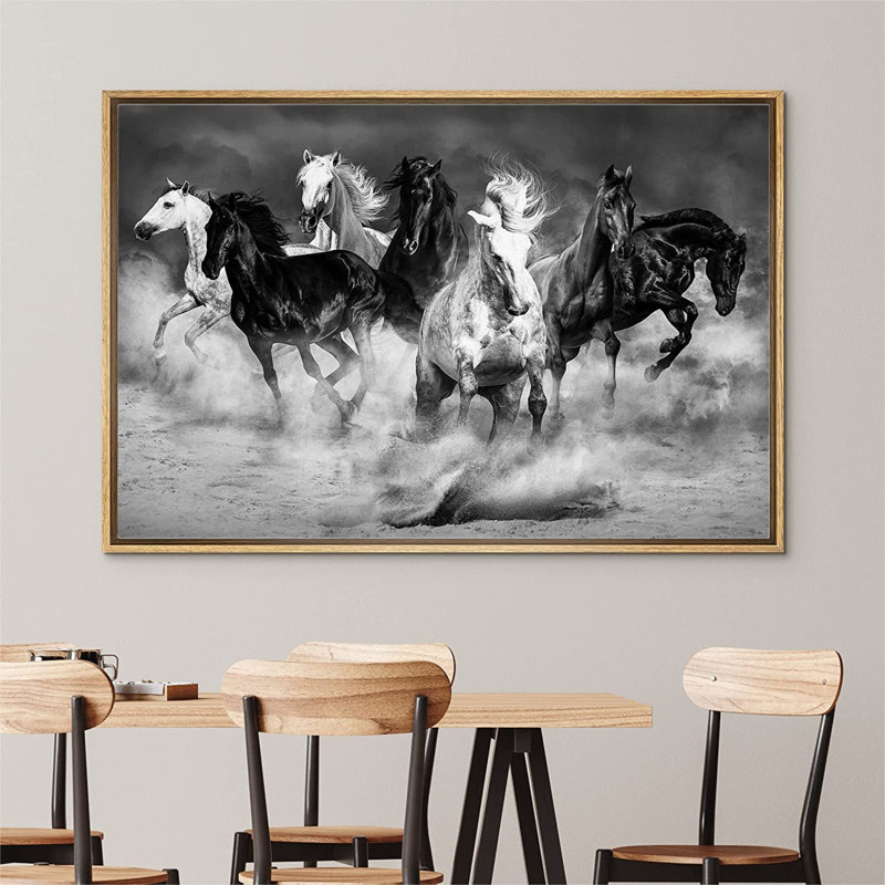 Courir, chevaux, photographie en noir et blanc, reproduction d'art sur toile encadrée, H 36 po x l 24 po, Encadrement brun