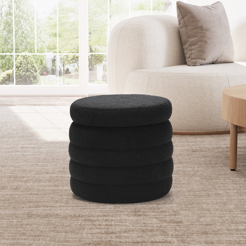 Bayville 16" Tall Sherpa Round Ottoman With Storage, Black Polyester