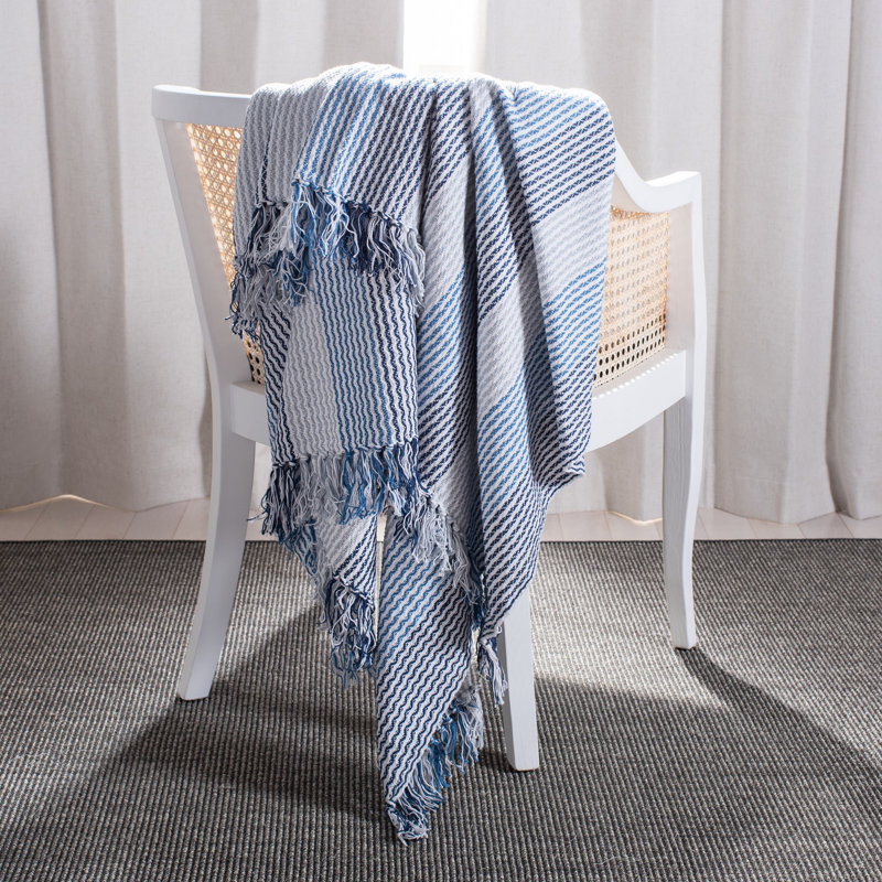 Blue and White Knitted Cotton Fringe Throw Blanket
