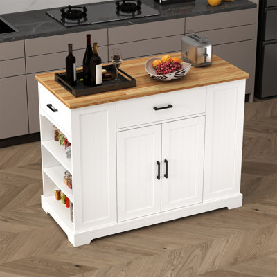 Îlot de cuisine multi-rangements avec plateau en bois d'hévéa, grand chariot de cuisine de ferme avec tablettes et tiroirs réglables, bar de table à manger avec armoire de rangement pour la cuisine