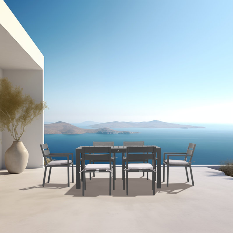 Pacifica Outdoor 7 - Piece Dining Set with Cushions, Cast Lagoon Sunbrella® Plainweave, Black