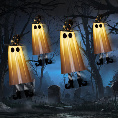 4 pièces décorations de fantômes suspendus d'Halloween avec lumière fantaisiste balançoire chapeau de sorcière fantômes intérieur patio extérieur jardin décoration d'arbre de jardin