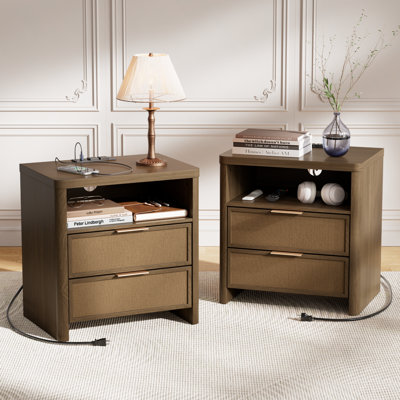 Ensemble de 2 tables de chevet en rotin avec tiroirs pour la chambre à coucher, poignée en métal doré, tablette de rangement, table de chevet, table de chevet Boho, tables de bout de chevet, couloir