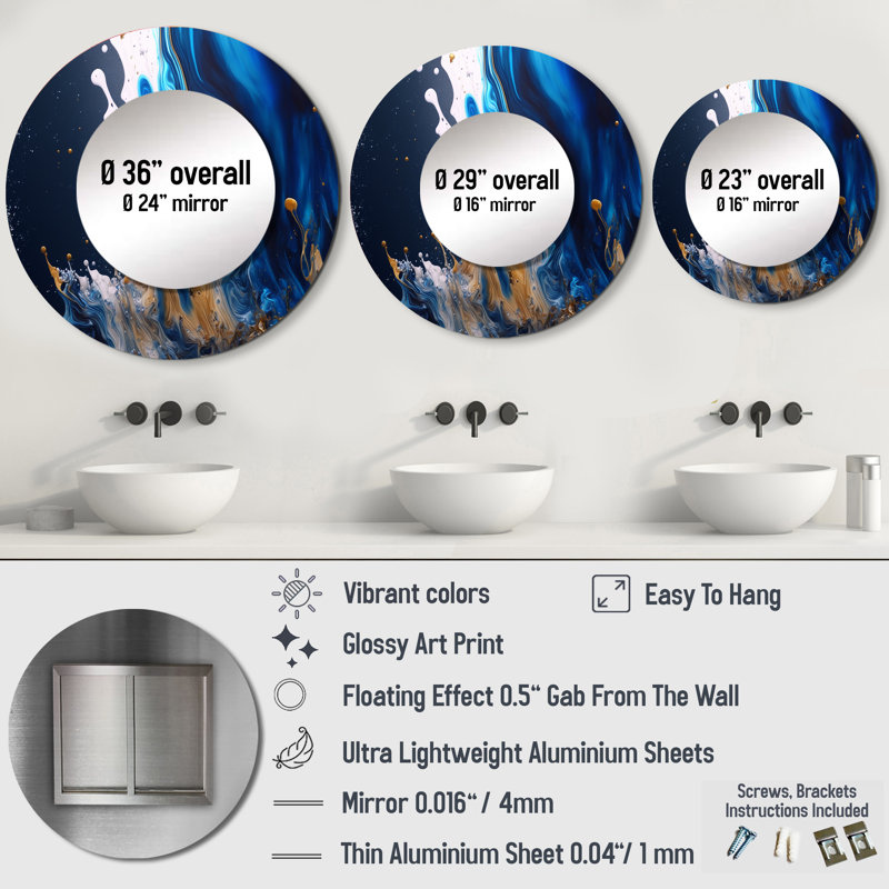 Raiko Ice Paint Splash I - Abstract Spirals Decorative Mirror, Blue Round Wall Mirror, Printed Metal Art, 36" x 36"