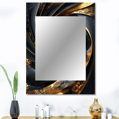 Spirales abstraites dans des tons dorés et noirs I - grand miroir mural spirales abstraites, miroir décoratif doré, impression sur métal