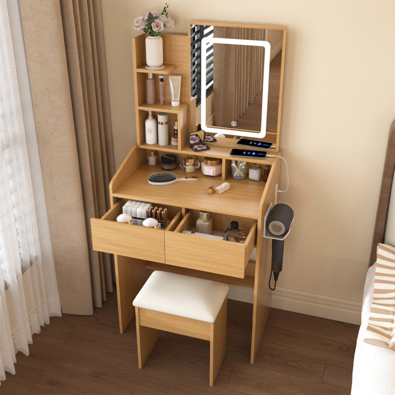 Coiffeuse avec miroir lumineux à DEL, prise de courant, support pour sèche-cheveux et tabouret - coiffeuse compacte pour petites chambres à coucher (bois)