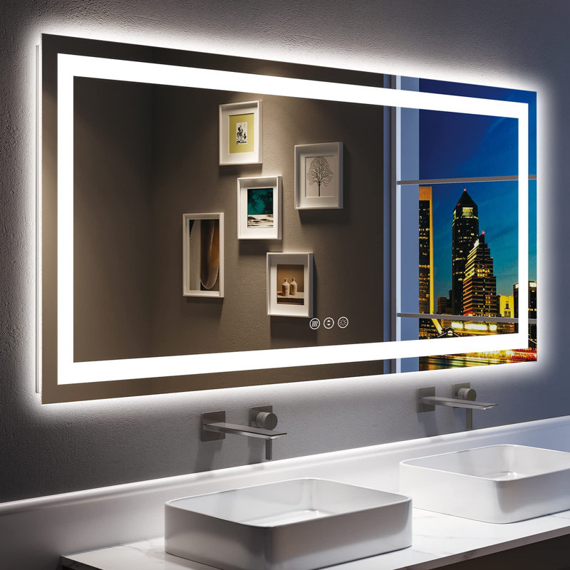 Akilan Frameless LED Vanity Mirror with Front-lit and Back-lit, Memory Function, 3 Color Temperatures & Dimmable Light, Anti-fog Tempered Glass ETL Mirror