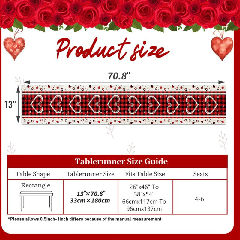 Chemin de table de la Saint-Valentin, décoration de table pour la Saint-Valentin, chemin de table à carreaux rouges avec cœurs, idéal pour une fête printanière à la maison ou un rendez-vous amoureux, 33 x 183 cm