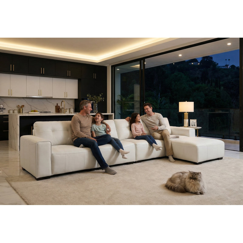 Bendire Oversized 151"W Leather Sectional Sofa Couch W/ Ottoman (with wheels), White Faux Leather