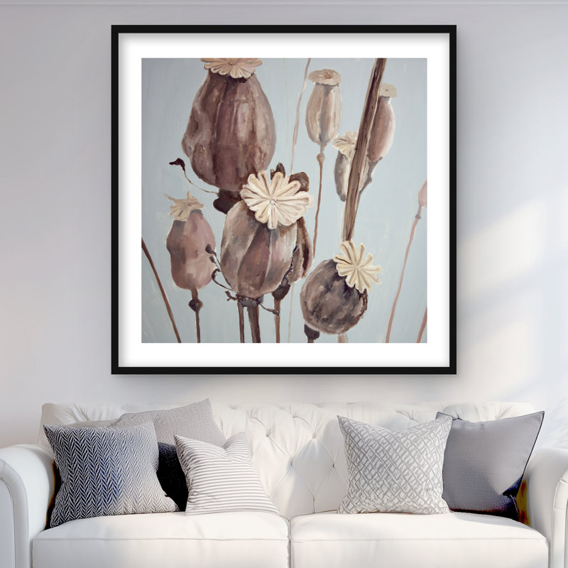 Fleurs de pavot sépia - reproduction encadrée avec passe-partout | Décoration intérieure, H 36 po x l 36 po