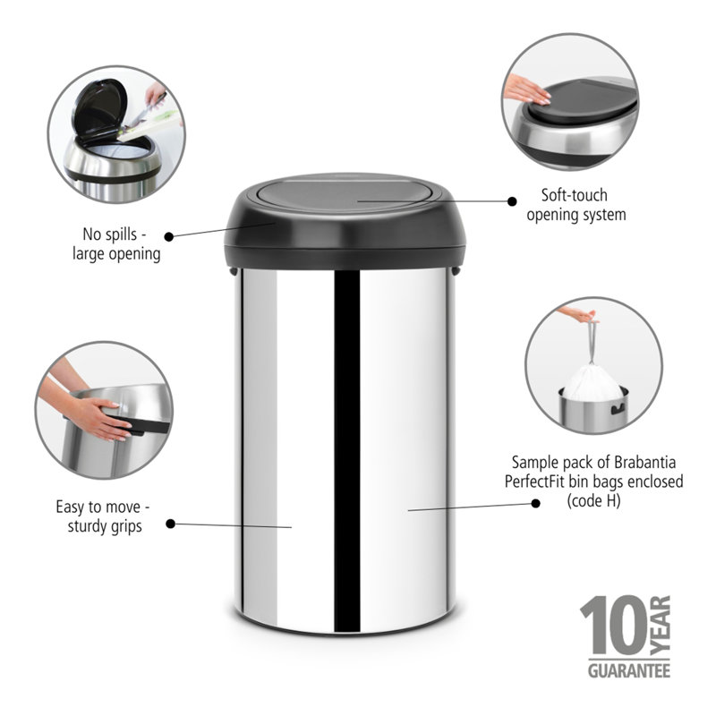 Brabantia 60 Litre Touch Bin, Brilliant Steel