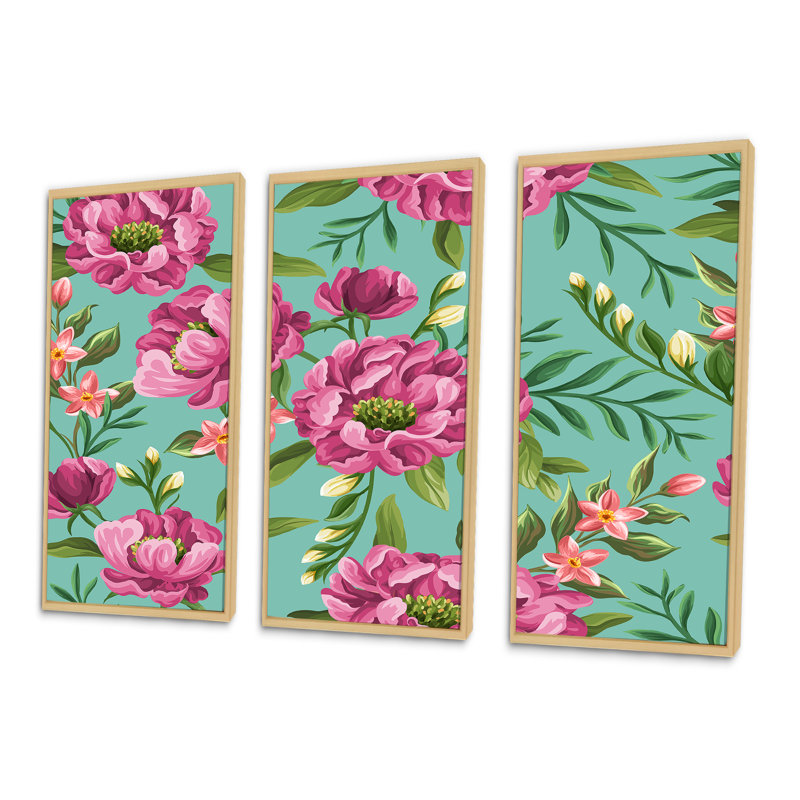 Fuchia fleurs sur fond vert vintage - ensemble d'art mural sur toile traditionnel encadré de 3, H 20 po x l 36 po, Brun