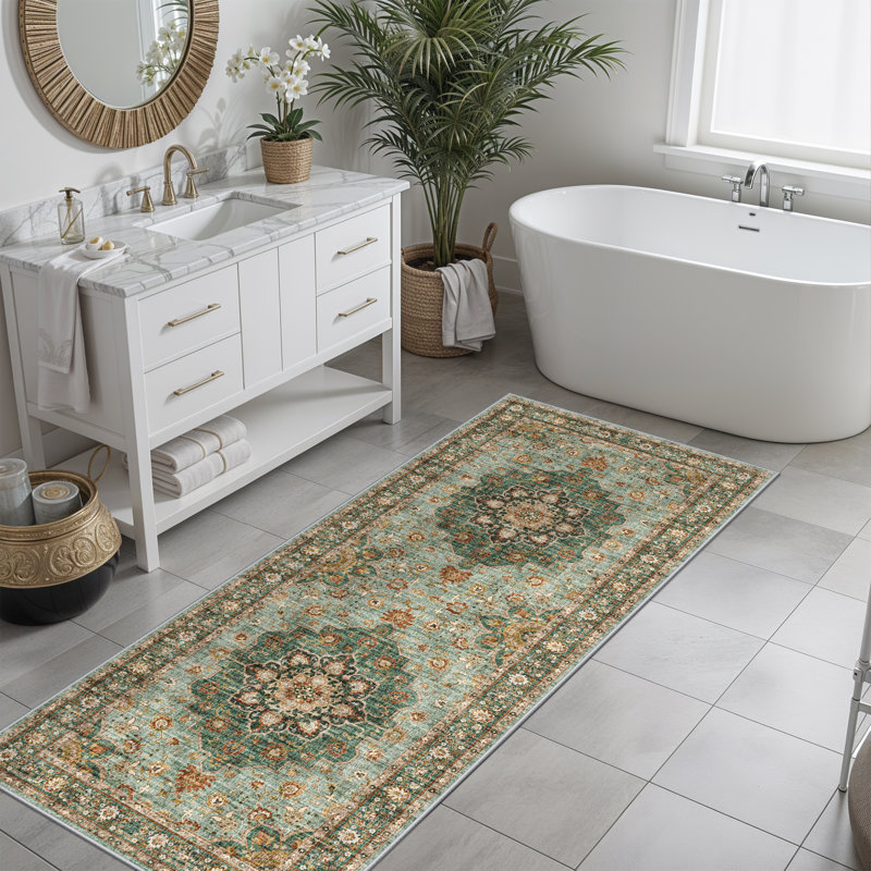 Washable Oriental Area Rug - Rugs for Living Room Soft Carpet for Bedroom Waterproof Floral Distressed Indoor Stain Resistant Non-Shedding Floor Carpets (Green)