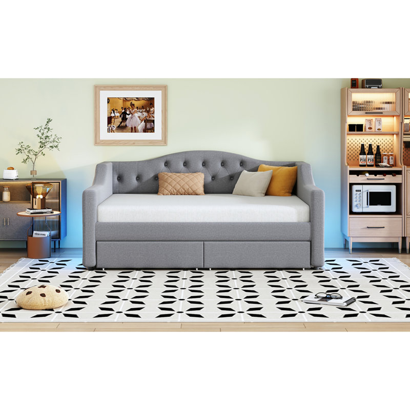 Twin Xl Size Gray Upholstered Daybed With Led Lighting, 2 Drawers For Clothing And Storage, Linen - Covered Cover, Belt, Drawers, Wood Frame A Stable Bed