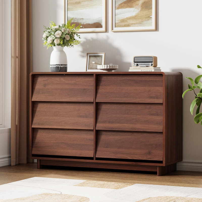 Commode à 6 tiroirs, 120 cm (47,2 po), style moderne en bois avec bords arrondis sans poignées, grande capacité de rangement pour chambre à coucher