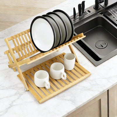 Égouttoir à vaisselle en bambou avec porte-ustensiles, égouttoir pliable à 3 niveaux pour comptoir de cuisine, conception pliable peu encombrante avec tapis de séchage