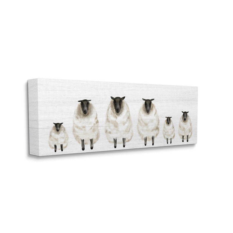" Fluffy Farm Sheep Minimal White Plank Pattern ", Wrapped Canvas, 20" H x 48" W 