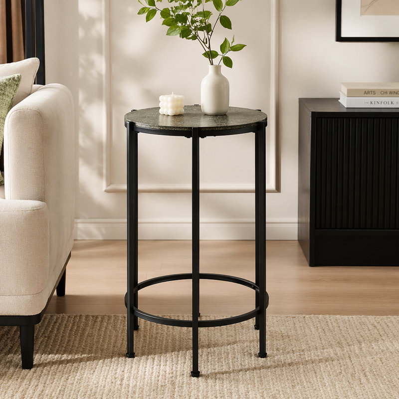Table d'appoint, bout, rond, table d'appoint, petite lampe, salon, chambre à coucher, table de chevet, stratifié bronze foncé, métal noir, table d'appoint contemporaine
