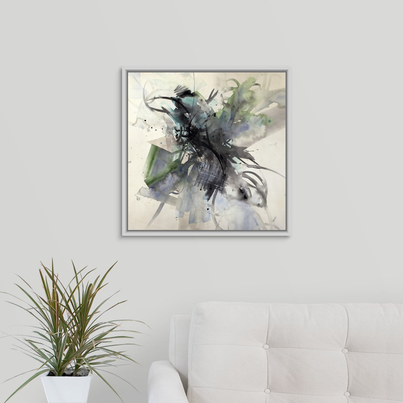 « spring élingue », peinture sur toile, H 21,7 po x l 21,7 po x P 1,75 po, Cadre flottant blanc