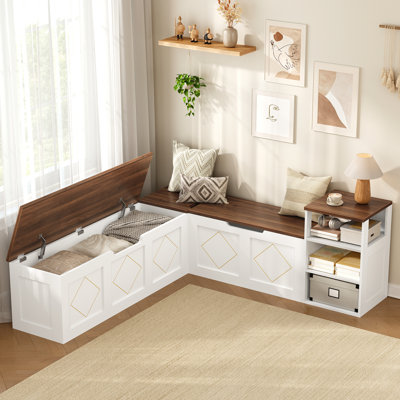 Banc de rangement en L avec 3 compartiments cachés et tablette ouverte, banc de rangement en coin avec rangement