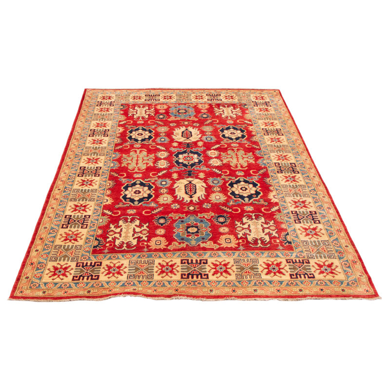Tapis rouge en laine noué à la main de conception unique 6 pi 10 po x 9 pi 9 po New Age