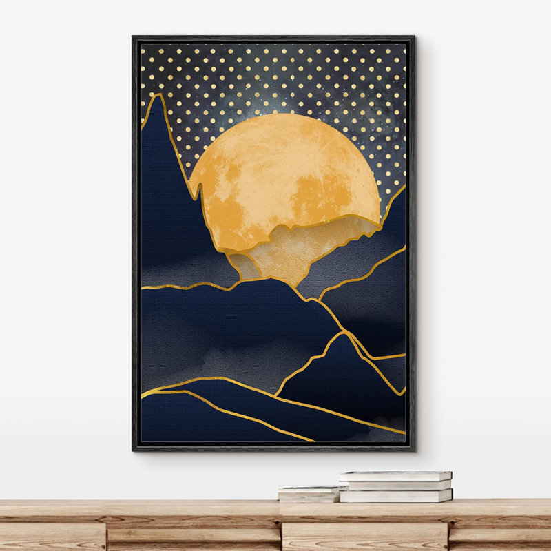 Soleil et lune, or, pleine lune, sur des chaînes de montagnes foncées, paysage abstrait, illustrations, rustique moderne