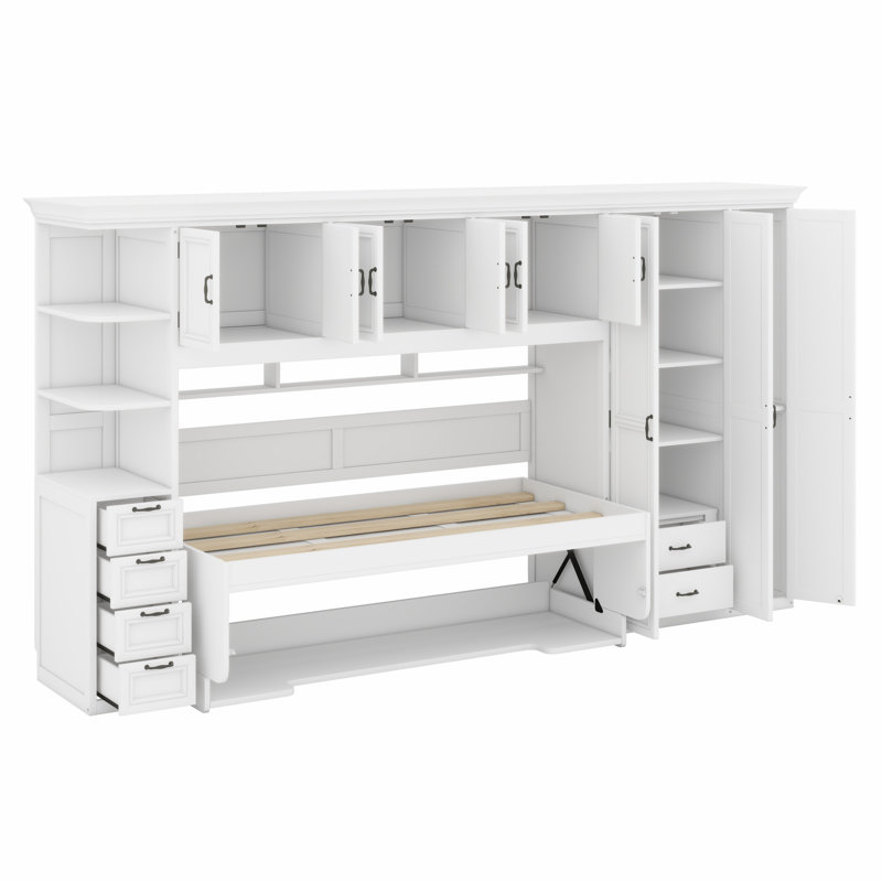 Lit escamotable multifonctionnel avec garde-robe, bureau et armoire, Blanc