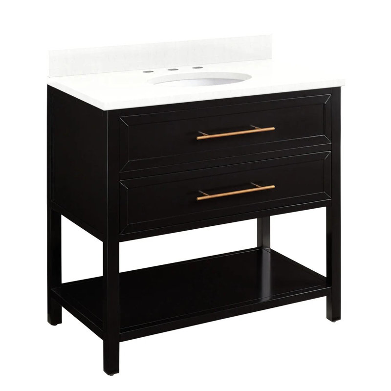 Ensemble de meuble-lavabo simple 36 po avec lavabo encastrable ovale Robertson, 8 po, Quartz blanc plume, Noir