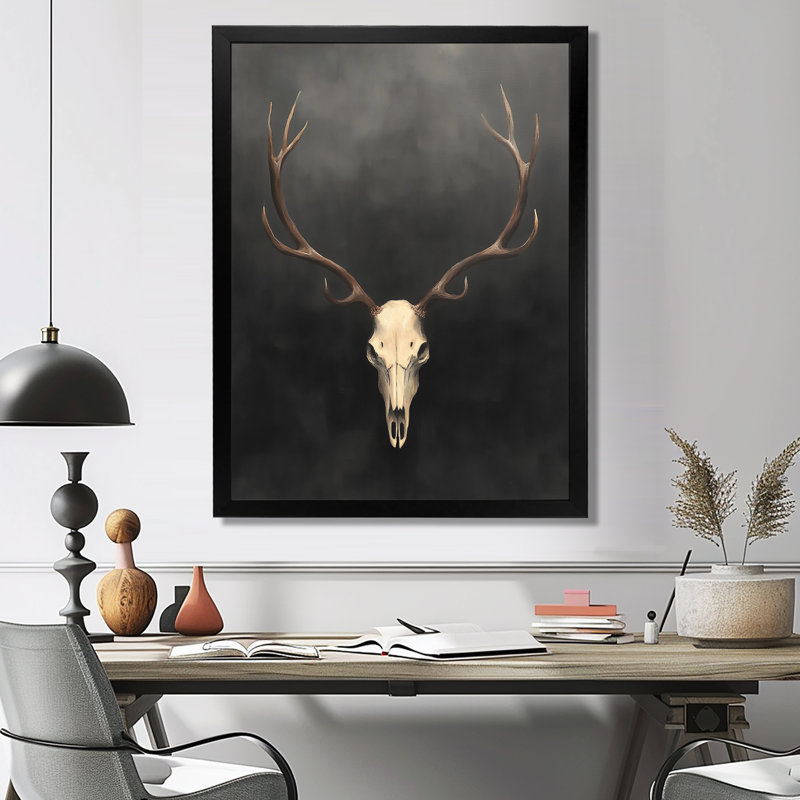 «White Antler Glow», art mural crâne blanc, H 20 po x l 12 po, Cadre photo unique, Noir
