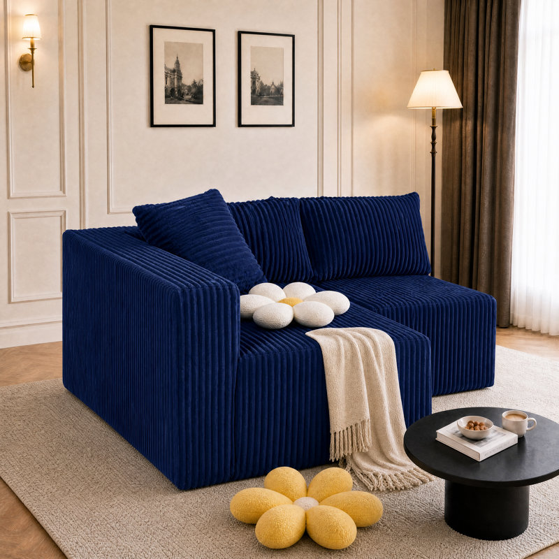 Canapé d'angle modulaire en forme de U, sans accoudoirs ni ossature apparente – module à un seul côté, Velours côtelé bleu